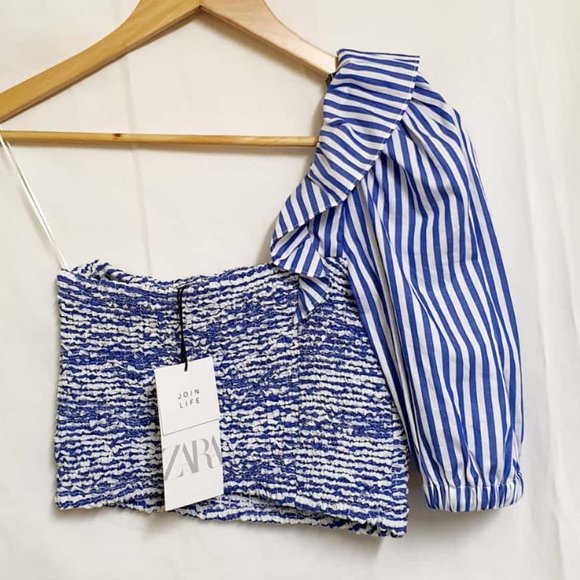 ZARA Blue White Nautical Stripe Shirred Puff Sleeve One Shoulder Crop Top NWT - Picture 6 of 8